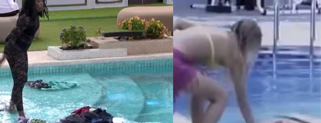 No 'BBB 24', Leidy Elin jogou as roupas de Davi na piscina após a dinâmica do Sincerão. Isso também aconteceu no 'BBB 2', quando Fabrício e Fernando jogaram a mala de Tina na água — Foto: Reprodução