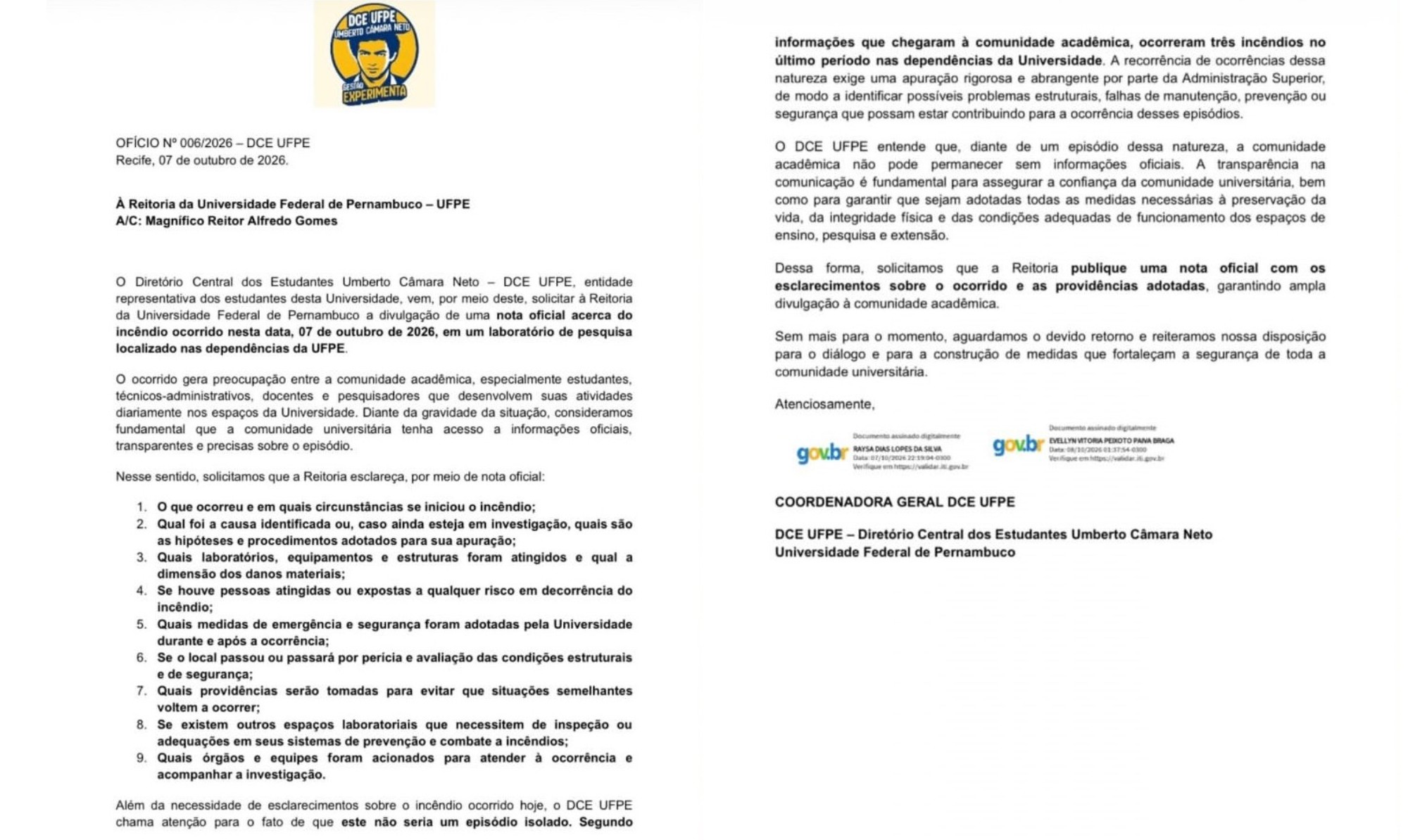 DCE pede informações e transparência sobre causas de incêndio na Universidade Federal de Pernambuco