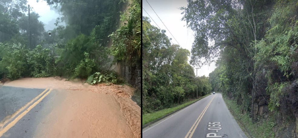 Em São Sebastião, a rodovia ficou interditada próximo a Guaecá  após queda de barreira — Foto: Reprodução