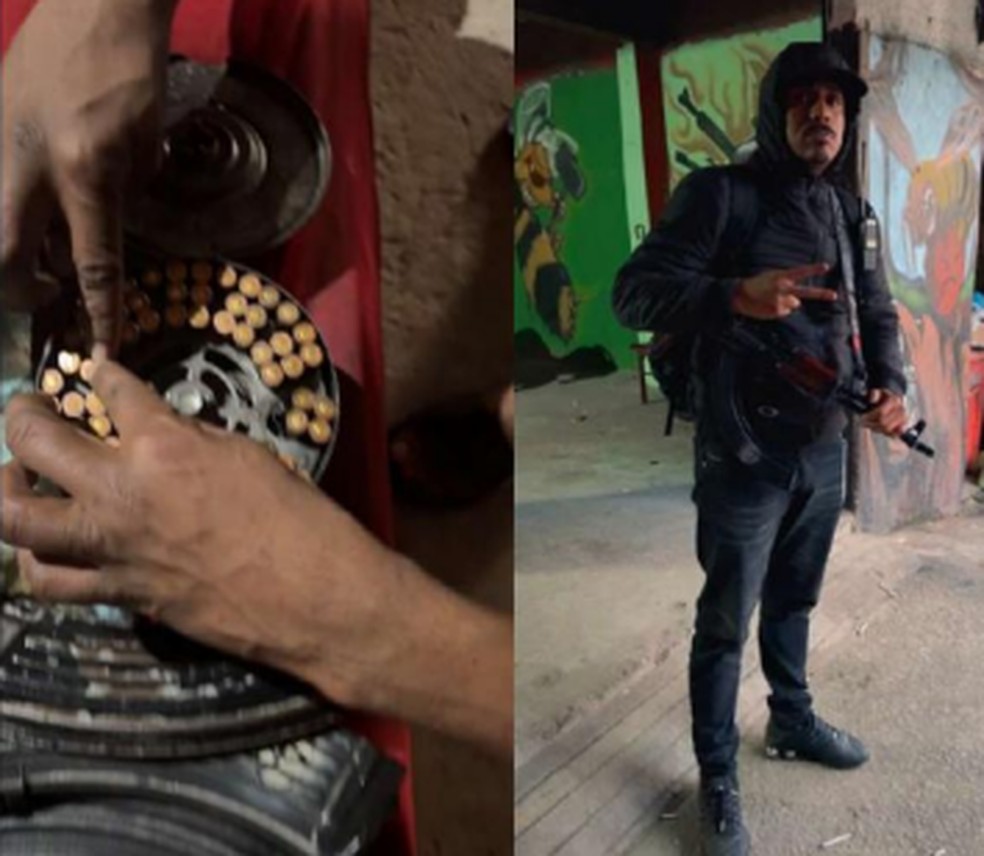 Daniel Afonso de Andrade, vulgo Danado, portando um fuzil e grande quantidade de munições — Foto: Reprodução