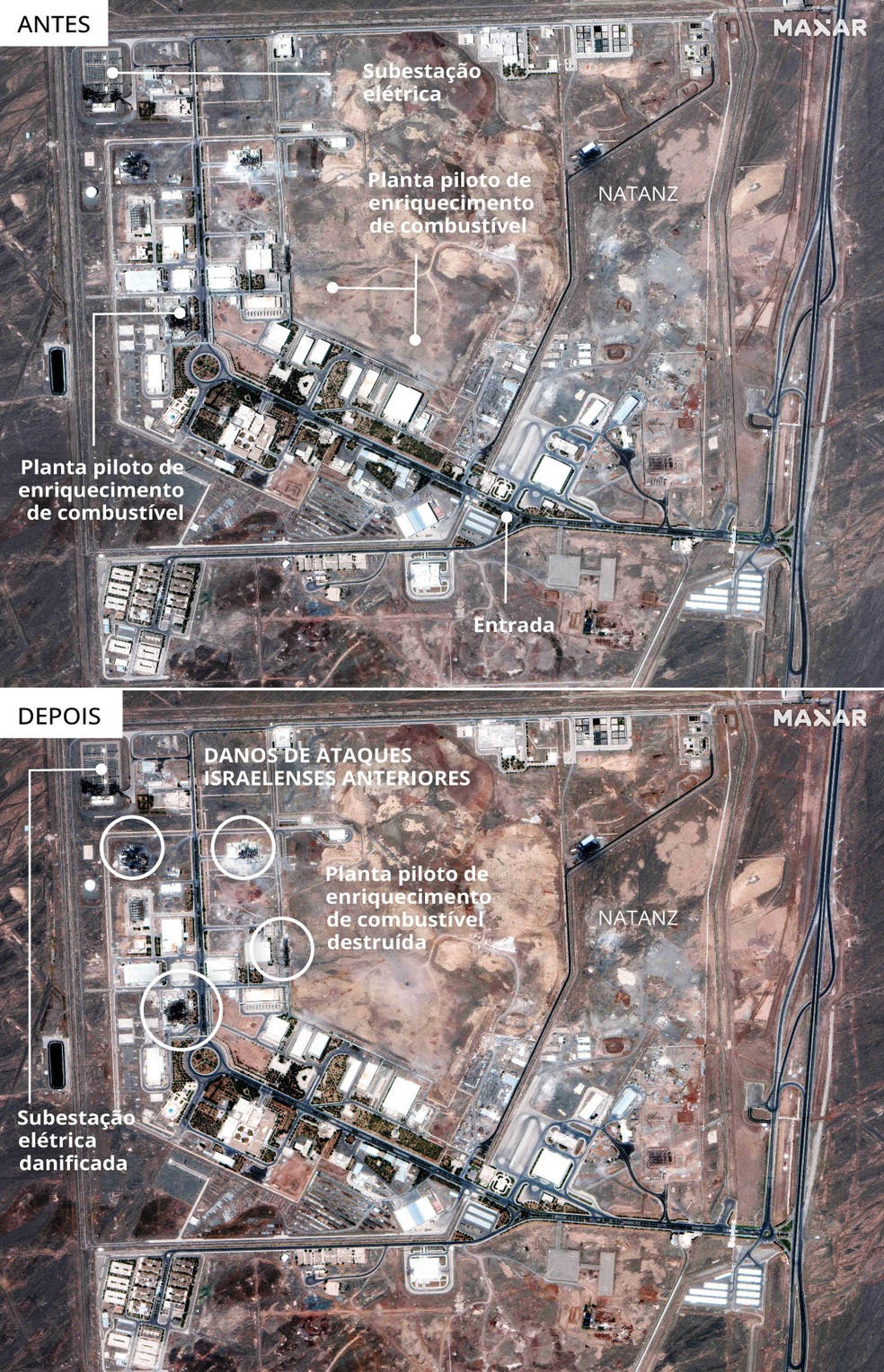 Imagem de satélite mostra a área do complexo de Natanz, antes e depois dos ataques das forças israelenses — Foto: AFP PHOTO/ SATELLITE IMAGE ©2025 MAXAR TECHNOLOGIES