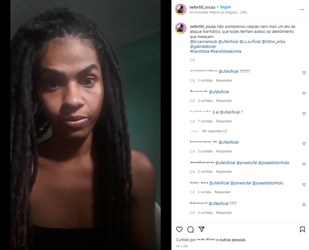 Em rede social, aluna relatou ter sido vítima de transfobia por funcionário da Ufal — Foto: Reprodução