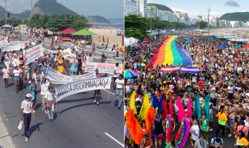 Passeata gay em 1993, na orla de Copacabana, e a Parada do Orgulho LGBT em 2025 — Foto: Julio César Guimarães e Leo Martins