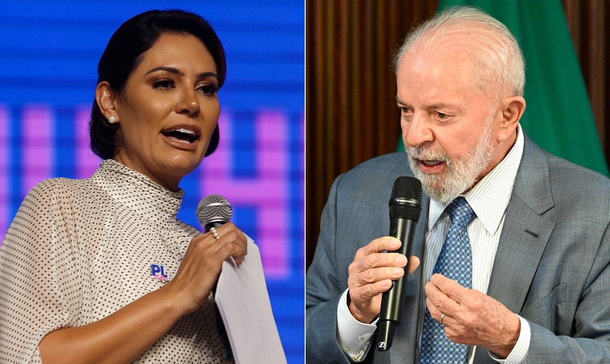 A ex-primeira-dama Michelle Bolsonaro (PL) e o presidente Luiz Inácio Lula da Silva (PT)