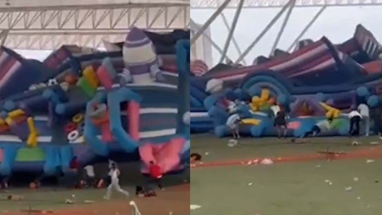 Vídeo mostra castelo inflável sendo lançado ao ar por ventania no México; ao menos 10 crianças ficam feridas