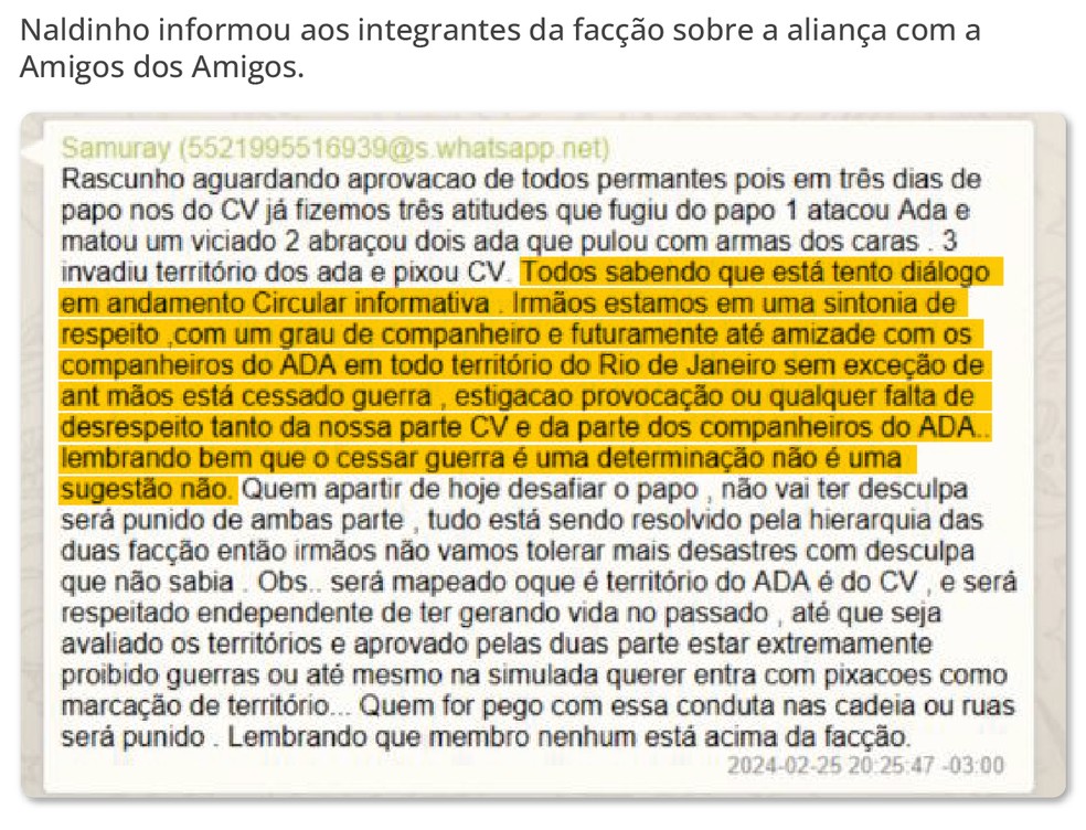 Comunicado do CV. Naldinho informa aos integrantes da facção sobre aliança com a Amigos dos Amigos — Foto: Editoria de Arte