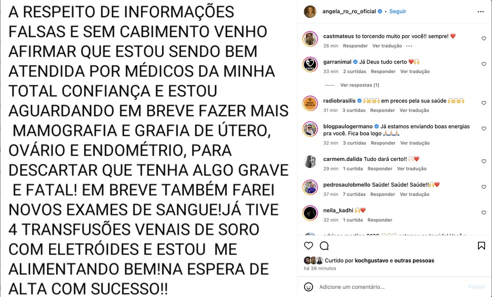Angela Ro Ro se pronuncia — Foto: Reprodução/Instagram