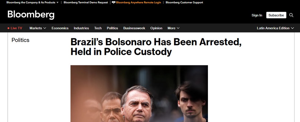 A agência "Bloomberg" repercutiu a prisão de Bolsonaro — Foto: Reprodução