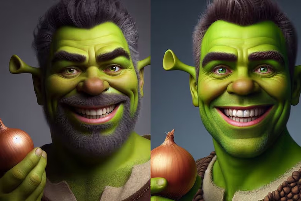 Na quarta imagem, Shrek parece diferente de todas as outras imagens por ter cabelos grisalhos e barba — Foto: Copilot