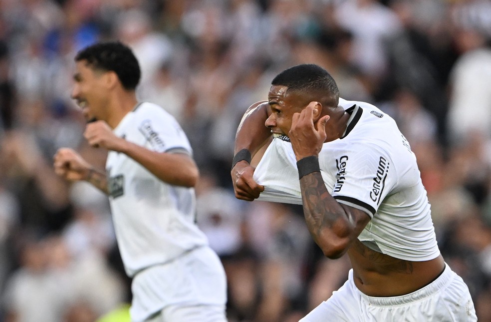 Júnior Santos comemora o terceiro gol do Botafogo sobre o Atlético-MG na final da Libertadores — Foto: Luis ROBAYO/AFP