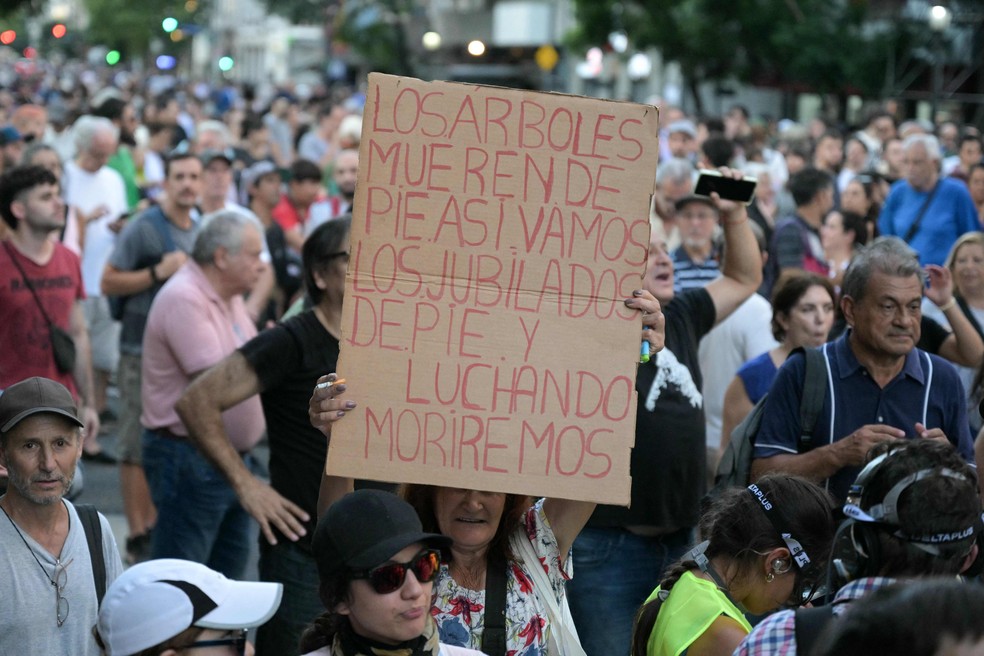 Manifestante ergue placa que diz "Árvores morrem em pé. É assim que nós, aposentados, vamos, de pé, e morreremos lutando" durante um protesto contra o presidente Javier Milei — Foto: Juan Mabromata / AFP