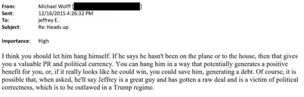 Mensagem enviada por Michael Wolff a Jeffrey Epstein em 2011 - Foto: Reproduo