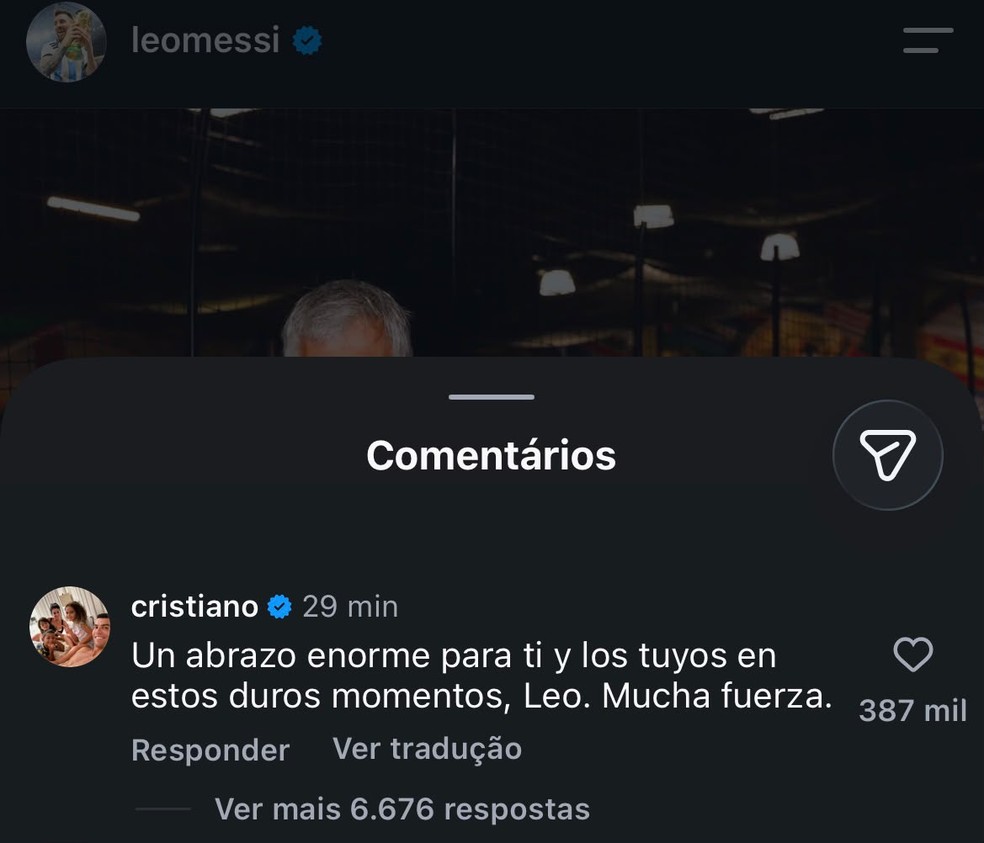 Cristiano Ronaldo comenta em publicação de Lionel Messi — Foto: Reprodução / Instagram