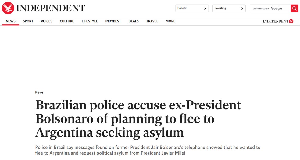 O jornal britânico repercutiu o indiciamento de Bolsonaro — Foto: Reprodução