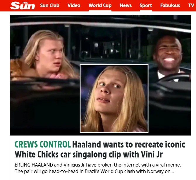 Imprensa internacional repercute interação de Vini Jr. e Haaland em meme com cena de As Branquelas