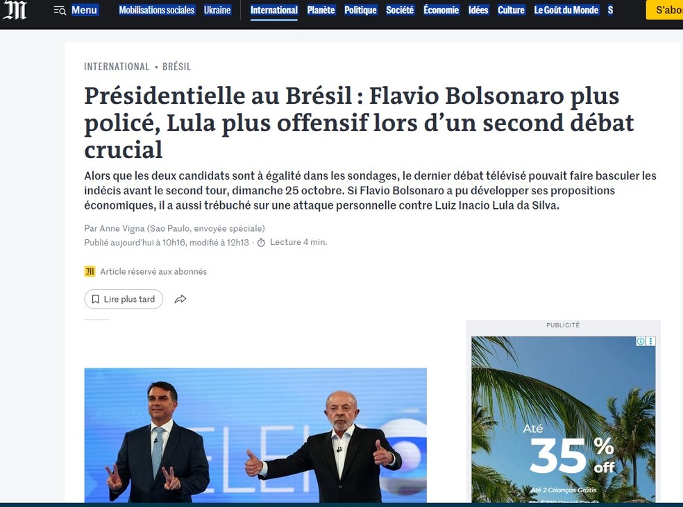 Jornal francês classificou debate da TV Globo como "crucial" e destacou postura mais ofensiva de Lula e tom moderado de Flávio Bolsonaro — Foto: Reprodução/Le Monde