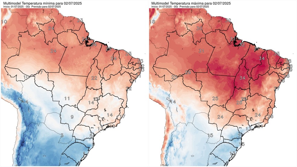 Temperaturas mínima (à esquerda) e máxima (à direita) previstas para as capitais do país nesta quarta — Foto: Reprodução/Inpe