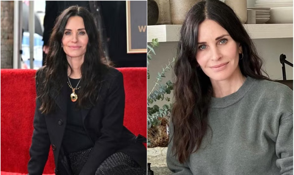 Courteney Cox antes e depois de desfazer uma harmonização facial — Foto: AFP/ Reprodução/ Instagram