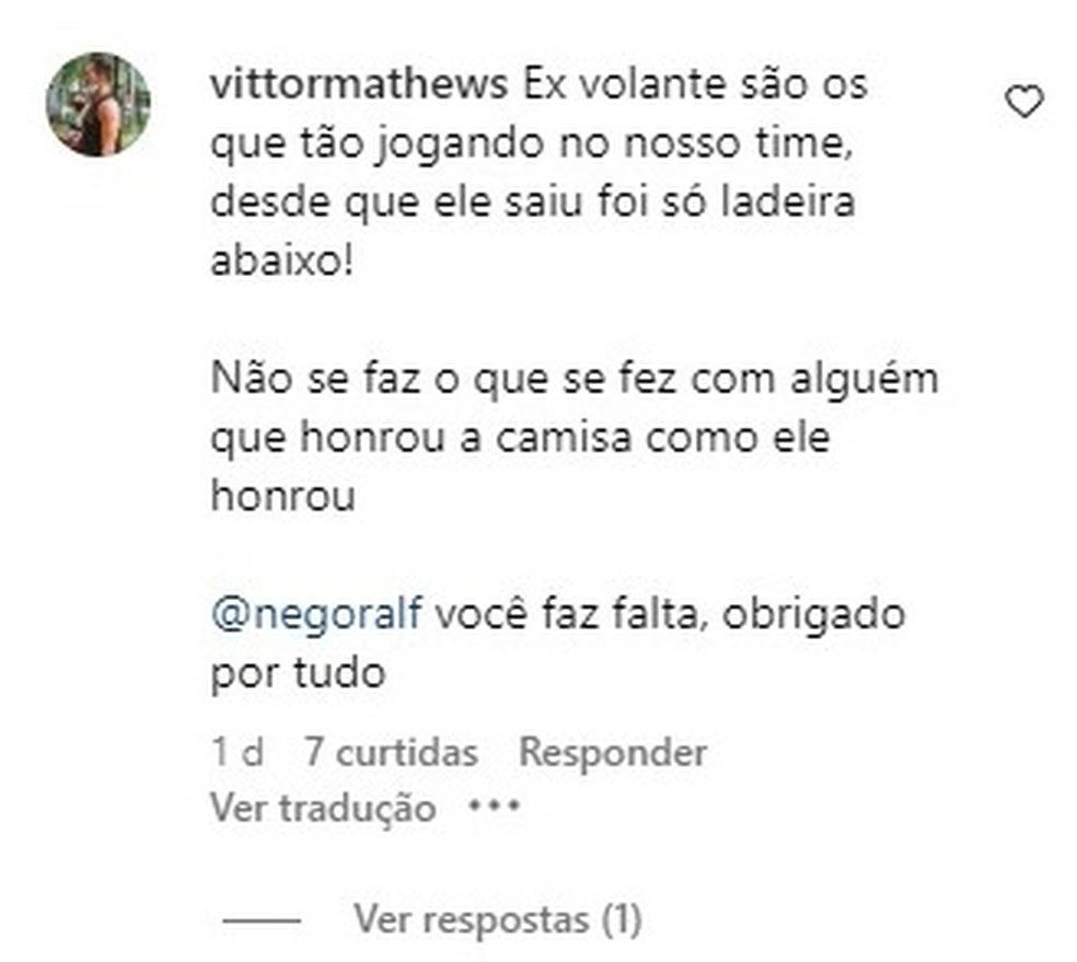 Torcedor agradeceu as passagens de Ralf pelo Corinthians e criticou o clube alvinegro em comentário no Instagram — Foto: Captura de tela