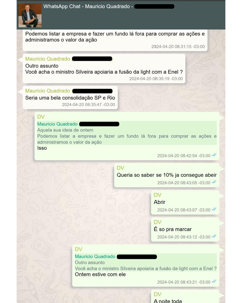 Mensagens entre Maur&iacute;cio Quadrado e Vorcaro &mdash; Foto: Reprodu&ccedil;&atilde;o