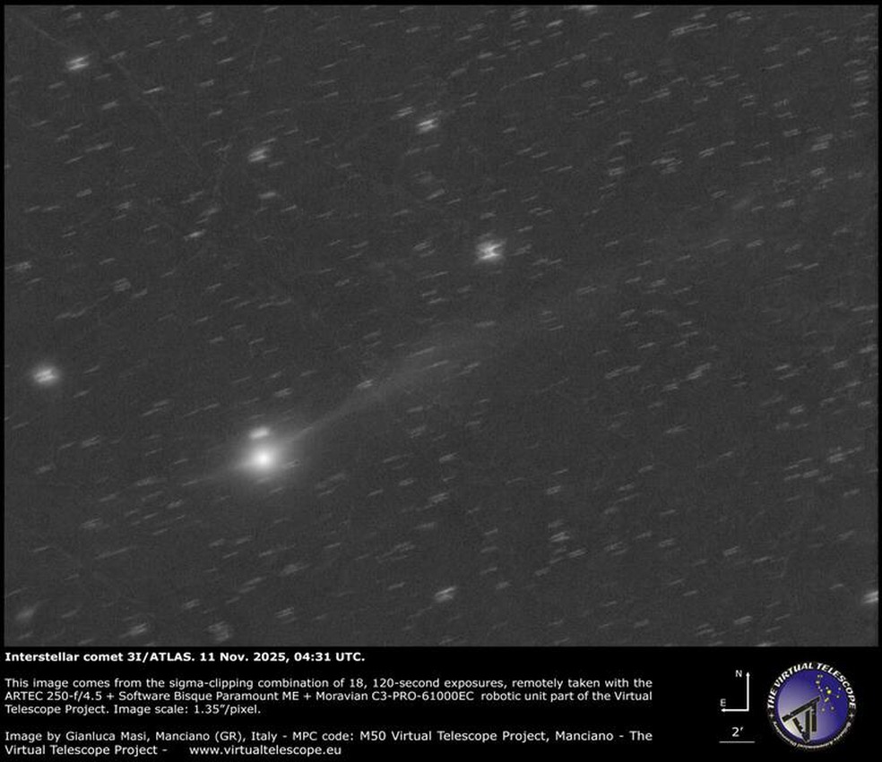 An image of comet 3I/ATLAS taken on November 11th. You can see the tail extending along the trajectory. — Photo: Virtual Telescope Project