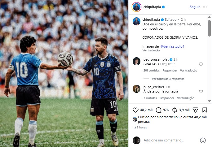 Presidente da AFA compara Messi a Maradona em post