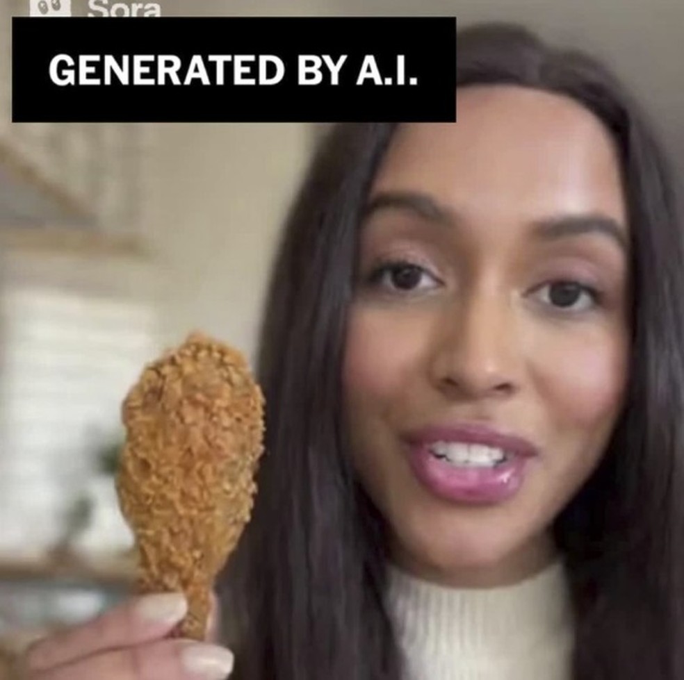 Imagem de um vídeo gerado pelo Sora, a partir de uma mensagem do jornalista Brian X. Chen, mostra uma mulher citando estudos inexistentes sobre frango frito ser bom para a saúde — Foto: Reprodução via The New York Times