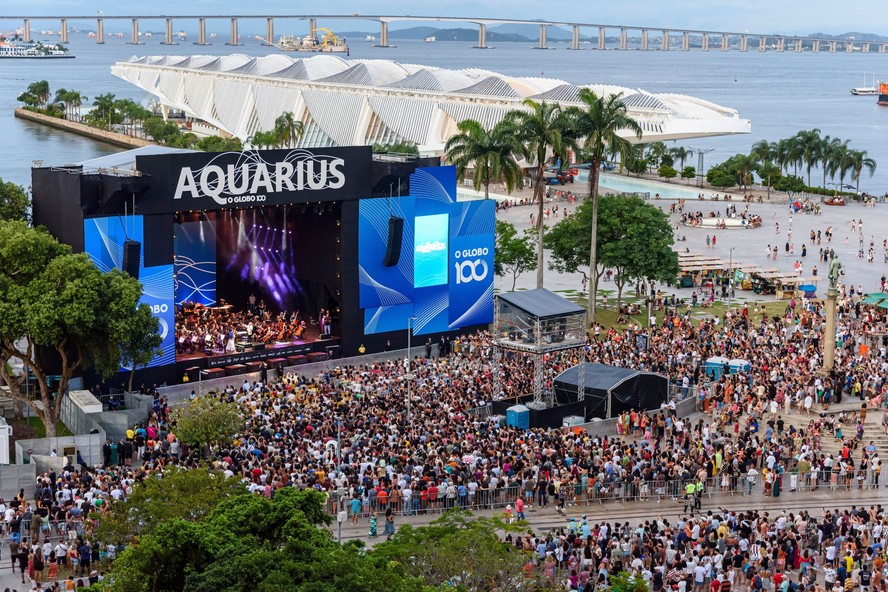 Apresentação do Projeto Aquarius em julho do ano passado, dedicada ao centenário do jornal O GLOBO: em 2026, concerto volta a ser realizado na Praça Mauá, na Zona Portuária do Rio