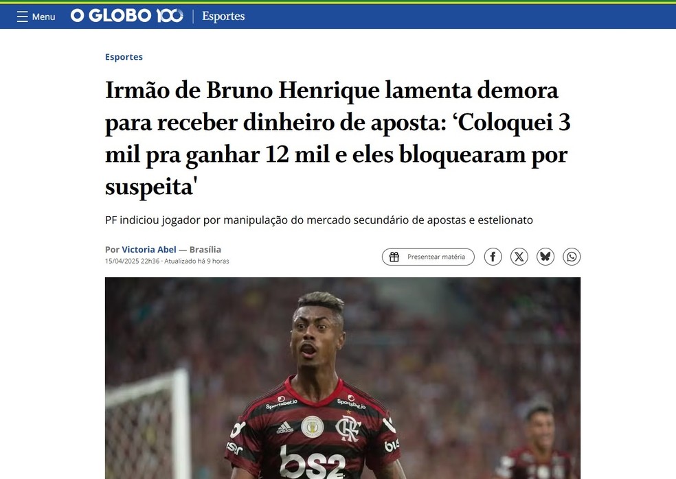 Publicação do GLOBO sobre caso envolvendo Bruno Henrique não usa foto do jogador com a camisa do Santos, mas, sim, com a do Flamengo — Foto: Reprodução