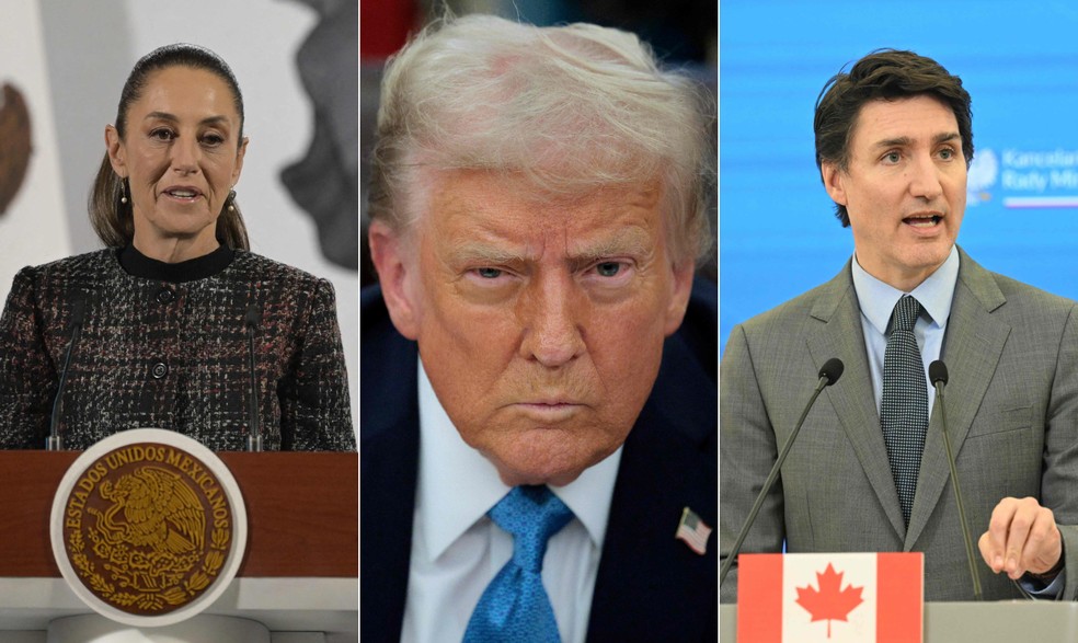 Os presidentes do México, Claudia Sheinbaum, e dos EUA, Donald Trump, e o primeiro-ministro do Canadá, Justin Trudeau — Foto: AFP