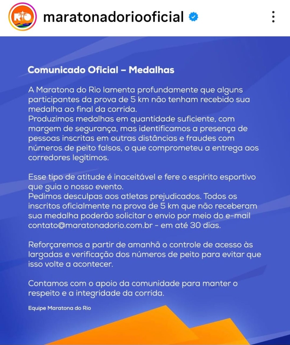 Maratona do Rio publica comunicado sobre falta de medalhas nos 5 km — Foto: Reprodução Instagram