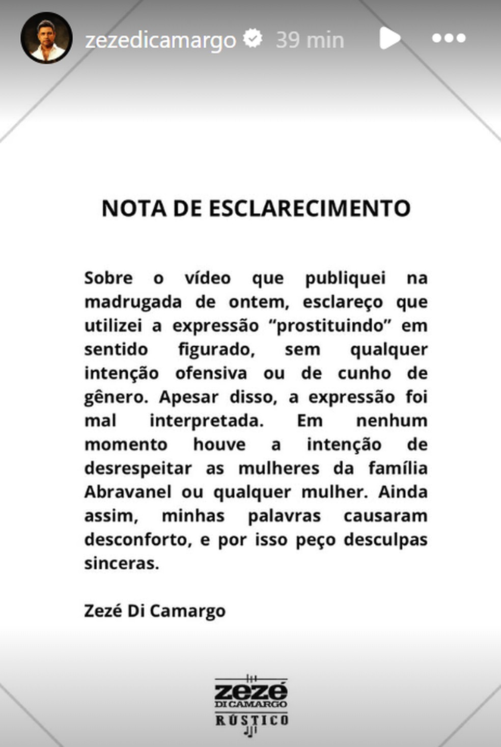 Note from singer Zezé di Camargo — Photo: Reproduction/Instagram