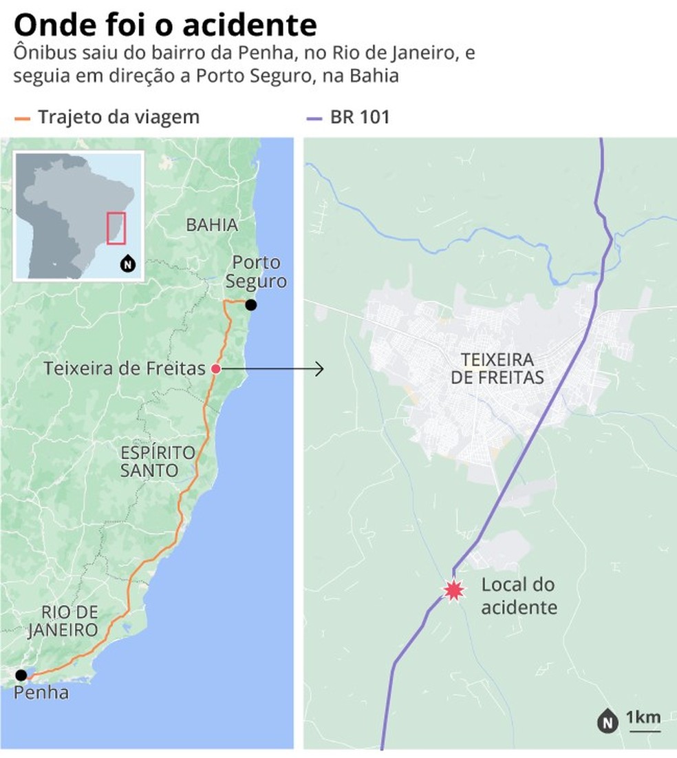 Ônibus saiu da Penha, no Rio de Janeiro, para Porto Seguro, na Bahia — Foto: ARTE O GLOBO