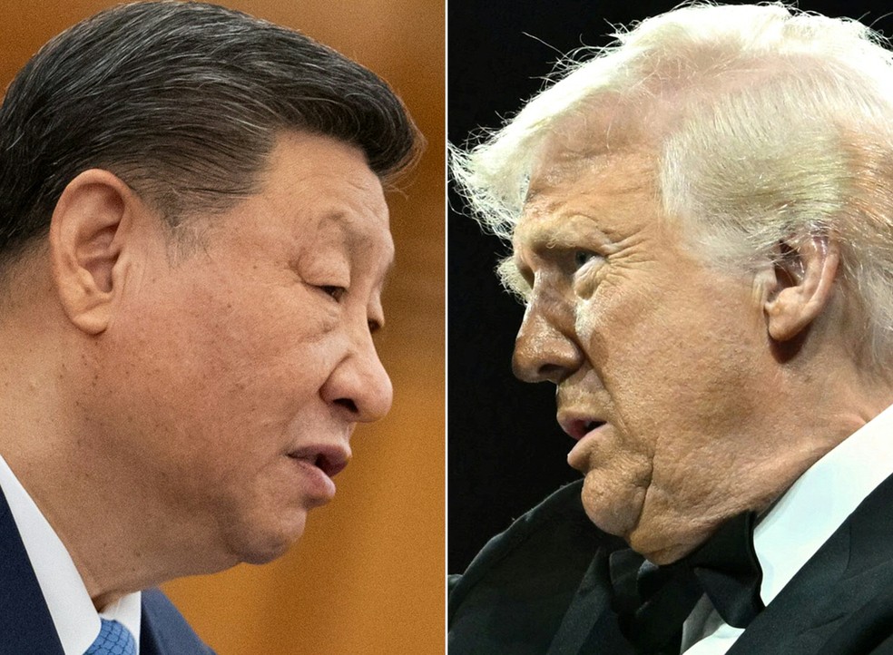 Xi Jinping e Donald Trump travam queda de braço tarifária — Foto: Andres MARTINEZ CASARES e SAUL LOEB/AFP