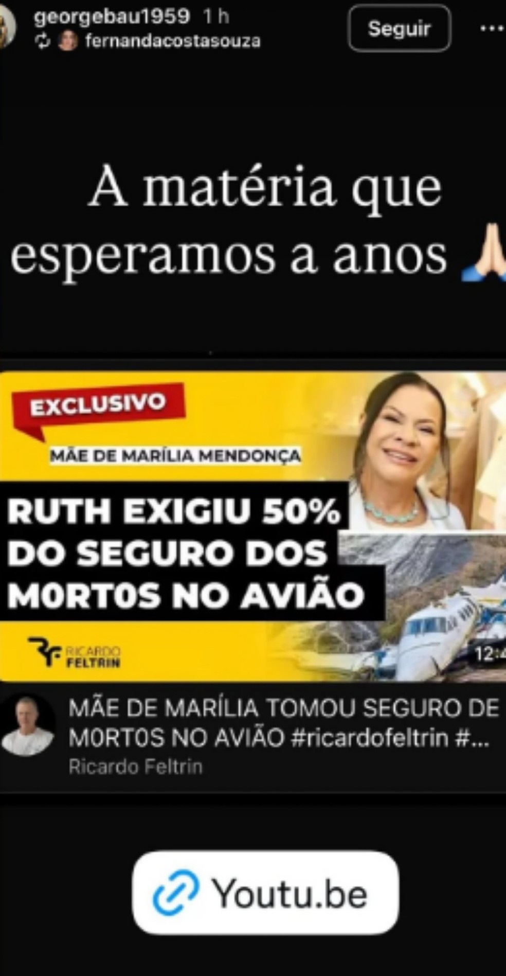 M&atilde;e de Mar&iacute;lia Mendon&ccedil;a negou pol&ecirc;mica sobre seguro do avi&atilde;o que causou trag&eacute;dia &mdash; Foto: Reprodu&ccedil;&atilde;o Instagram