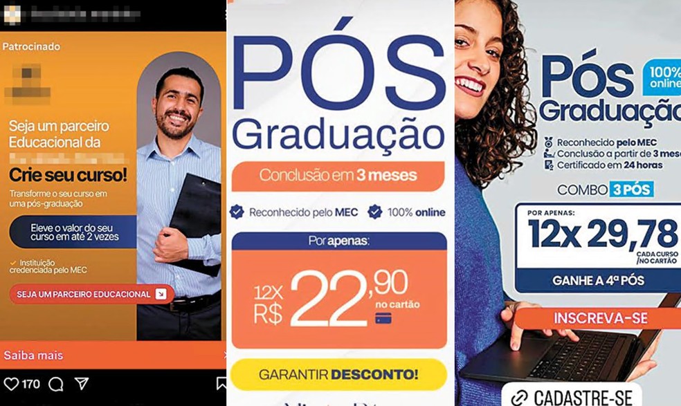 . Banners oferecem transformar cursinhos em pós, feitas em até três meses e por R$ 20 de mensalidade — Foto: Reprodução/Redes sociais