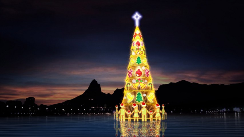 Dourada, a Árvore da Lagoa de 2013 tinha detalhes decorativos em vermelho e verde, com sinos, miniárvores e bonequinhos de gorro — Foto: Divulgação