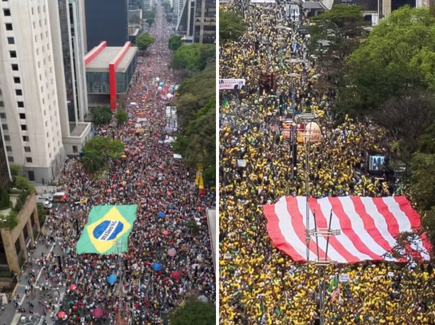 Atos na Avenida Paulista contra a PEC da Blindagem, à esquerda, e em apoio a Jair Bolsonaro, à direita