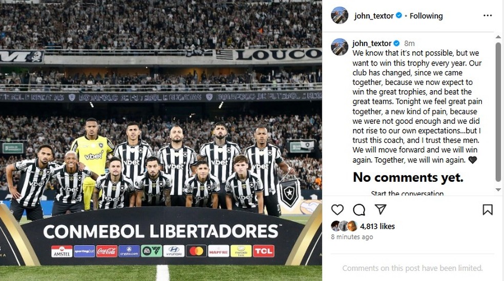 John Textor lamenta eliminação do Botafogo na Libertadores — Foto: Reprodução