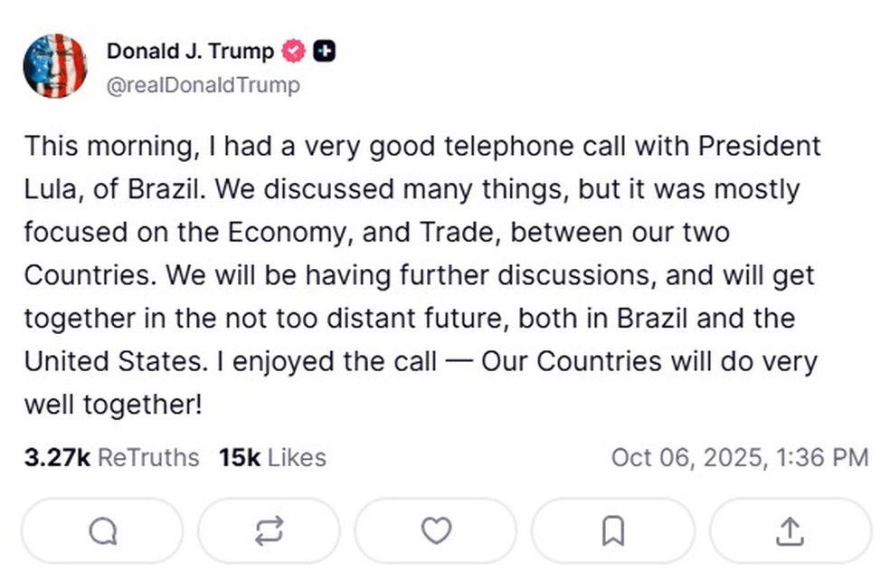 Trump fala sobre o telefonema com Lula em sua rede social — Foto: Reprodução