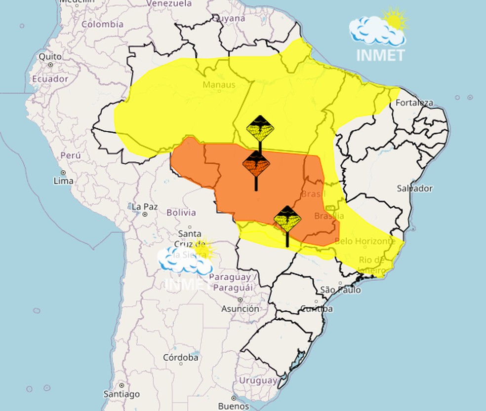 Mapa mostra área de atuação de alertas do Inmet para esta terça-feira (25/03) — Foto: Divulgação