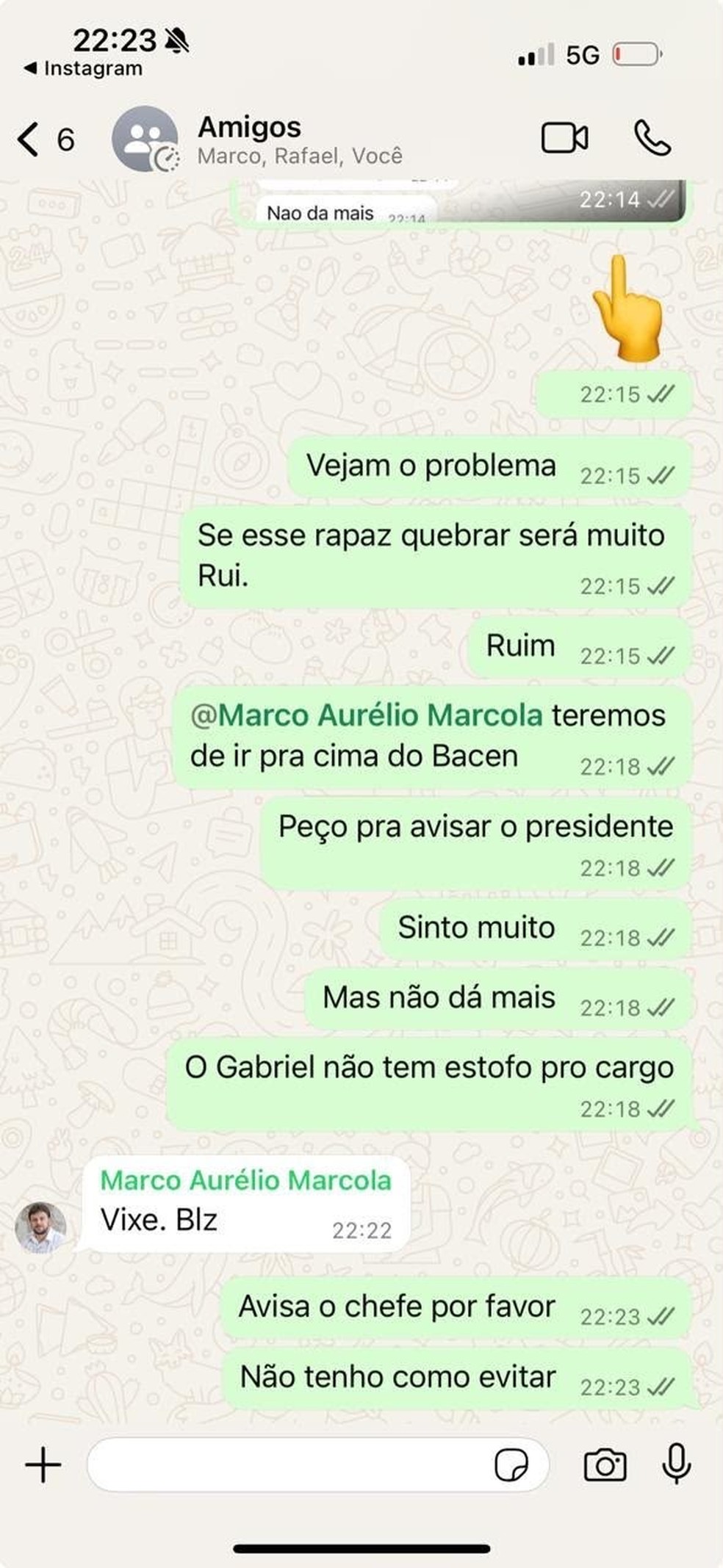 Print da conversa no grupo "Amigos" entre Warde e Marcola — Foto: Reprodução