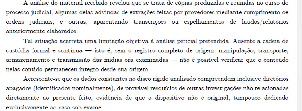 Trecho do laudo do ICCE sobre a análise do HD e dos 16 CDs das extrações feitas dos arquivos de Márcio Araújo — Foto: Reprodução do laudo do ICCE