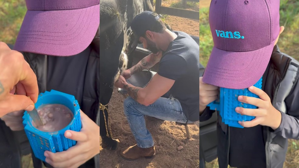 Gusttavo Lima ensinou filho a tirar leite de vaca — Foto: Reprodução Instagram
