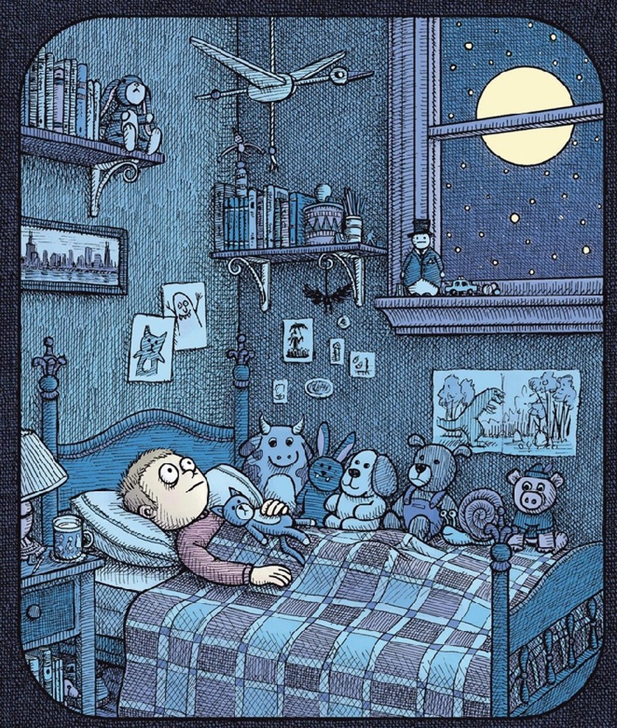 Em “A cabana noturna”, um menino não consegue dormir porque imagina que existem criaturas à sua espreita