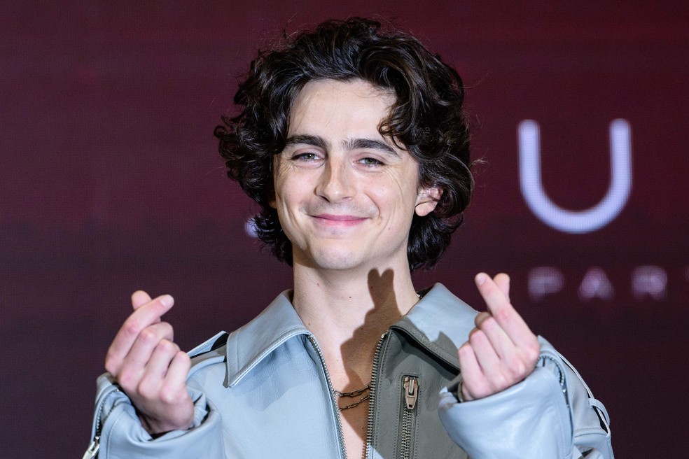 Timothée Chalamet durante o lançamento de Duna 2 em Seul, na Coreia do Sul — Foto: ANTHONY WALLACE/AFP