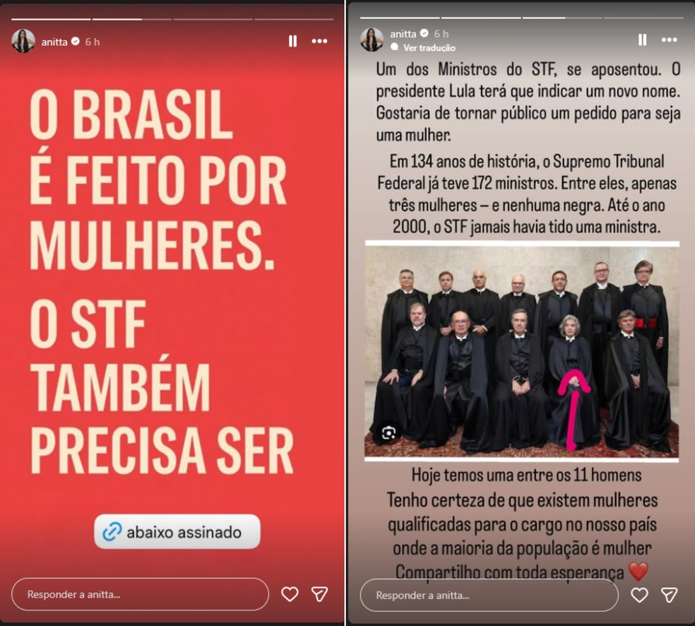 'Com toda esperança': Anitta publica pedido para uma mulher ocupe vaga deixada por Barroso no STF — Foto: Reprodução: Instagram