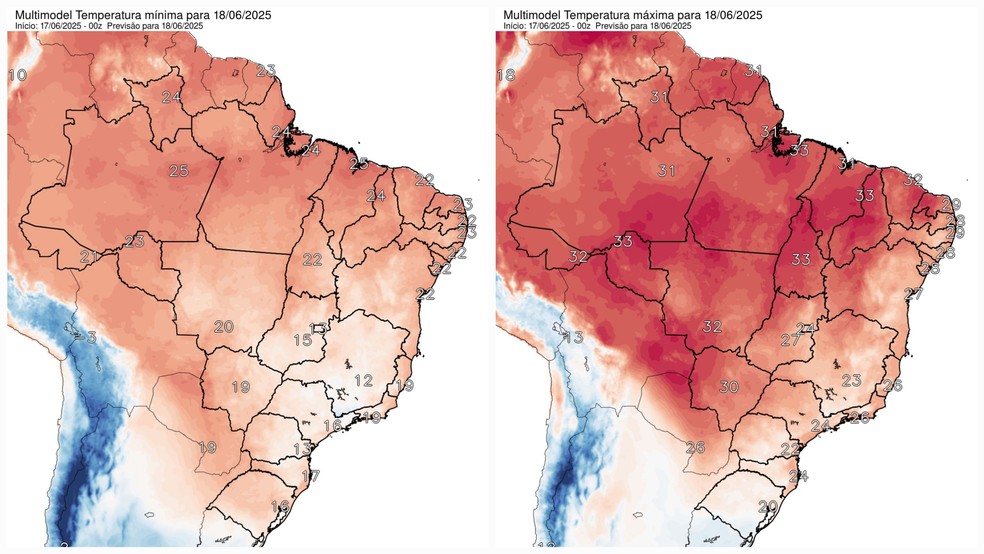 Temperaturas mínima (à esquerda) e máxima (à direita) previstas para as capitais do país na quarta — Foto: Reprodução/Inpe