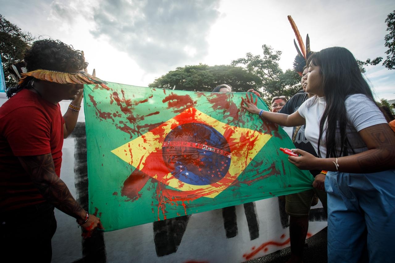 Protesto contra marco temporal em Brasília — Foto: Brenno Carvalho/Agência O Globo