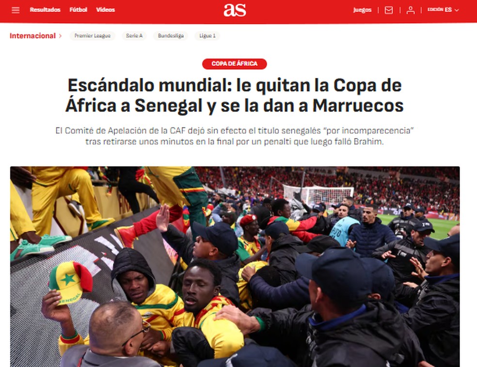 Jornal espanhol AS repercute decisão que tira título de Senegal — Foto: Captura de Tela